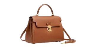 Tan leather top-handle handbag with a gold clasp and a shoulder strap